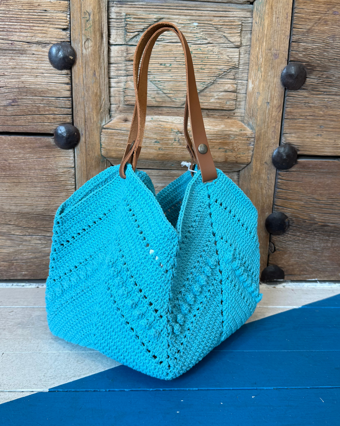 Crochet Leather Handle Tote by Jade / Turquoise