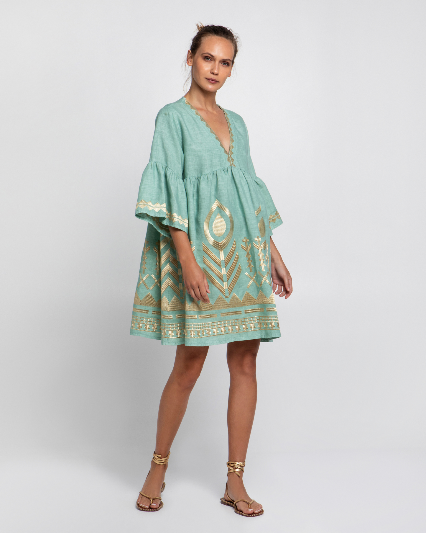 Dress Short Feather by Greek Archaic Kori / Sea Green-Gold