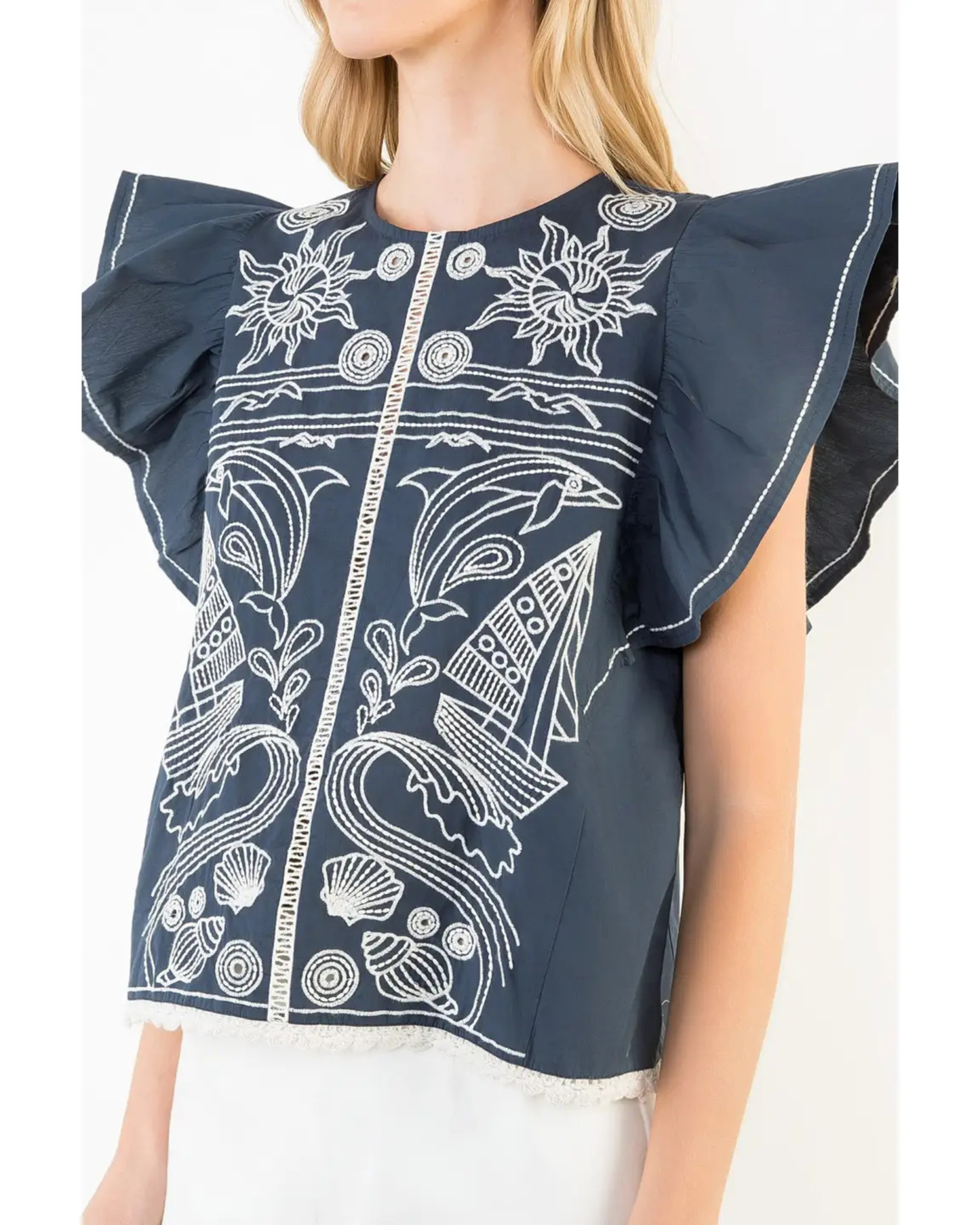 Embroidered Flutter Sleeve Top by THML / Navy