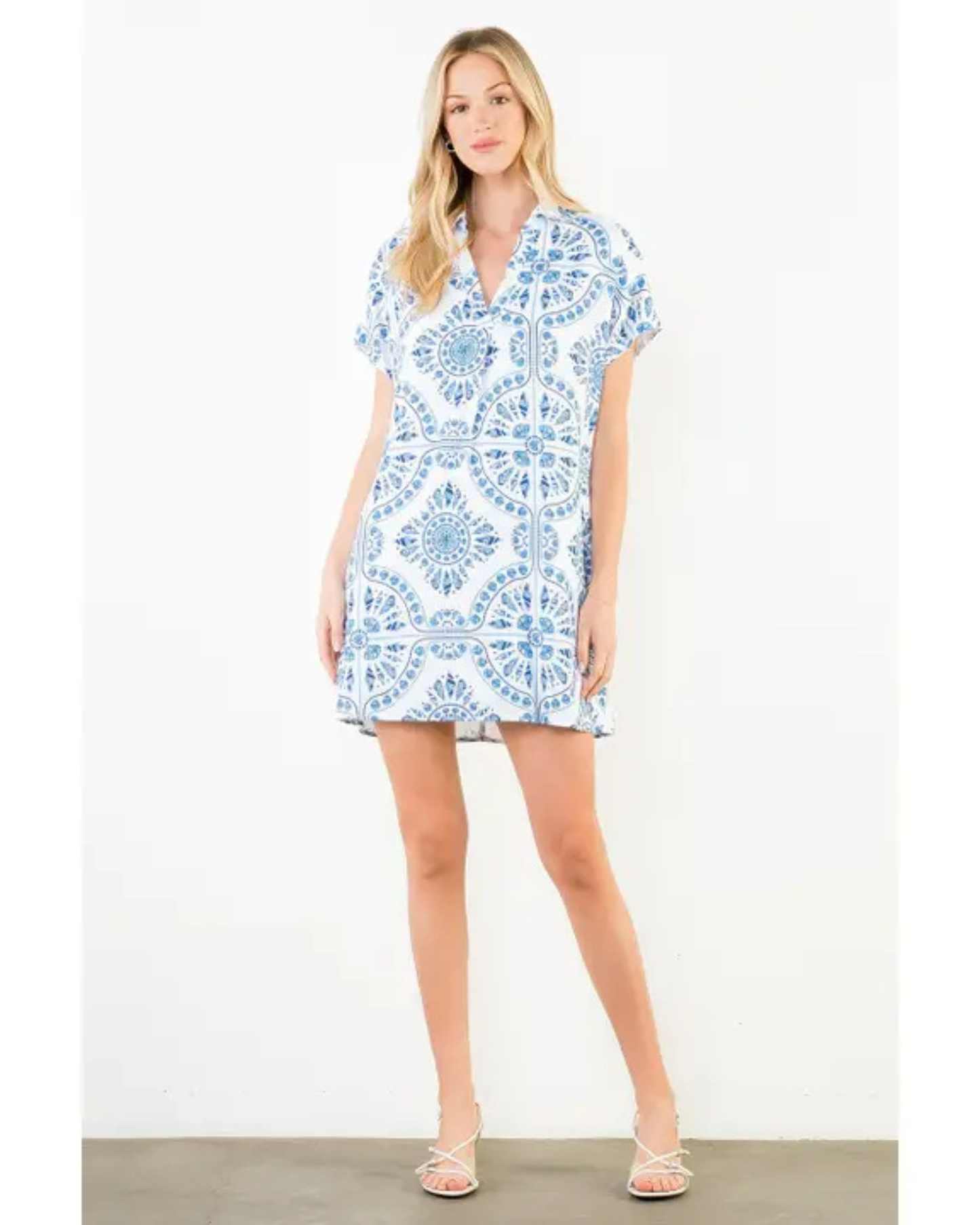 Short Sleeve Pattern Detail V-Neck Dress by THML