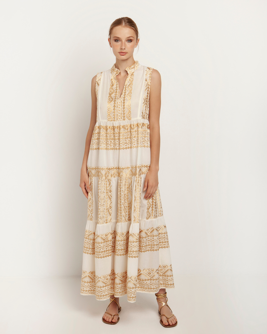 Dress Long Classic Triangle Sleeveless by Greek Archaic Kori / White-Gold