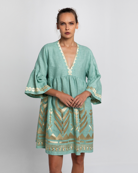 Dress Short Feather by Greek Archaic Kori / Sea Green-Gold