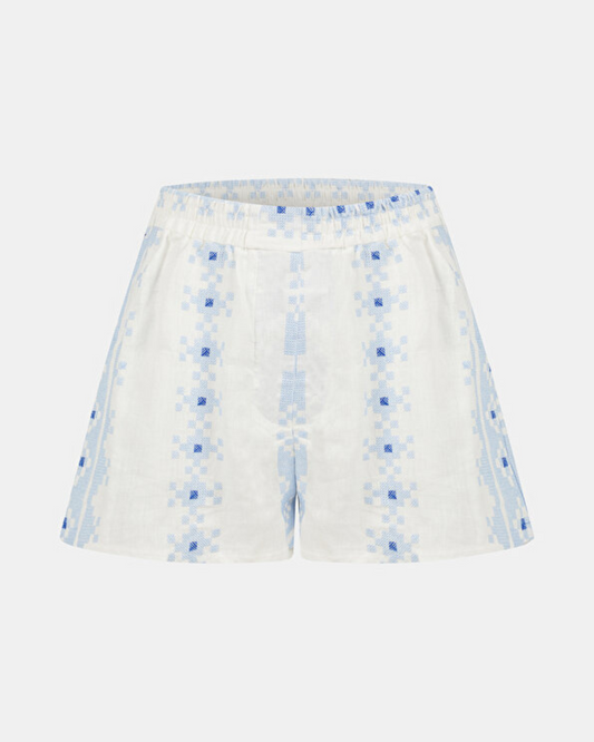 Shorts Pixel Elasticated Waist by Greek Archaic Kori / White-Ciel Royal