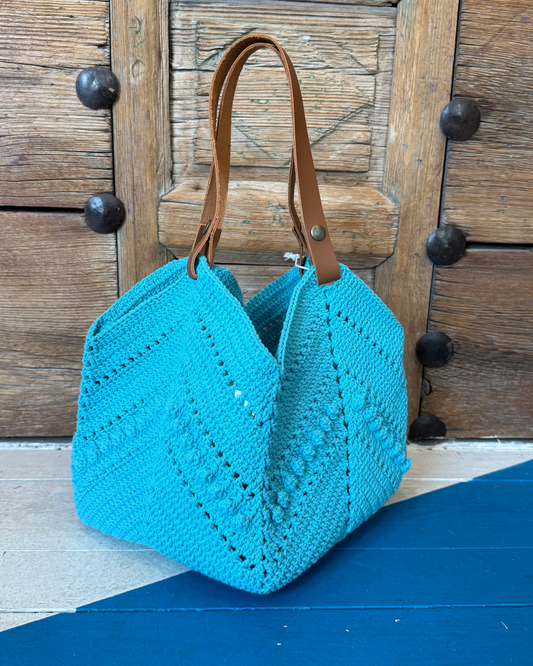 Crochet Leather Handle Tote by Jade / Turquoise