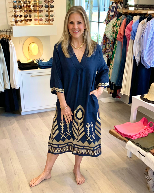 Kori Feather Caftan in Navy/Gold