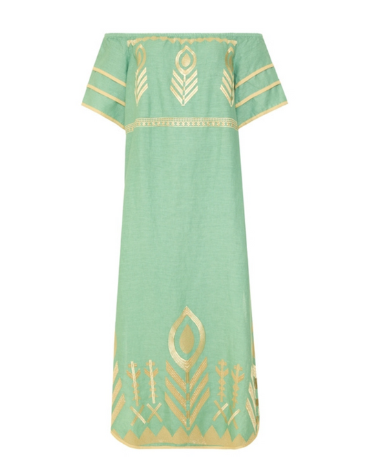 Strapless Feather Dress by Greek Archaic Kori / Sea Green-Gold