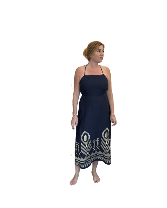Long Feather Dress by Kori / Navy & Gold