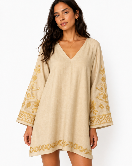Bell Sleeve Mini Dress by Kori / Beige & Gold