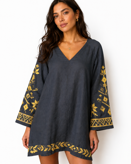 Bell Sleeve Mini Dress by Kori  / Navy & Gold
