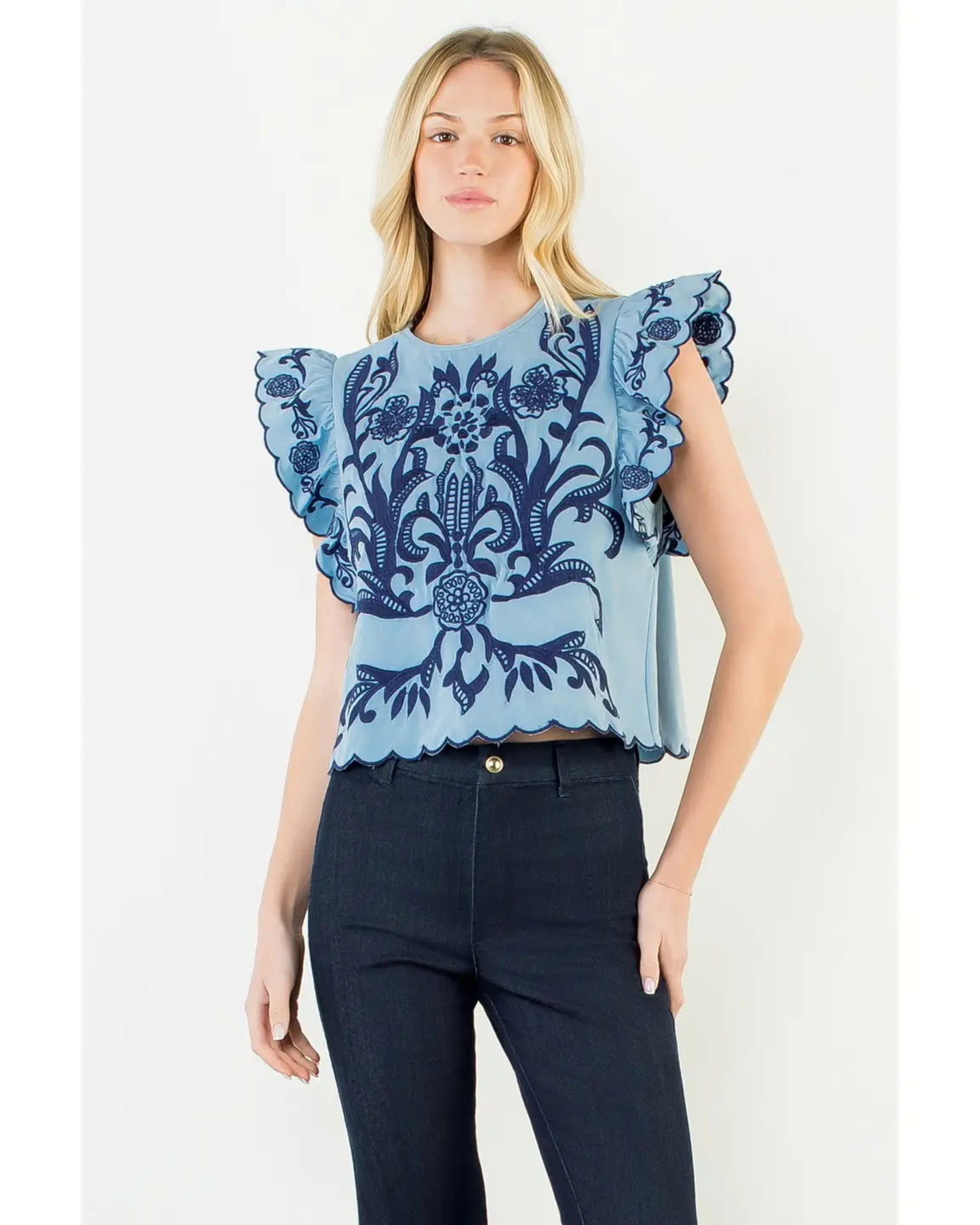 Ruffled Sleeve Embroidery Top by THML