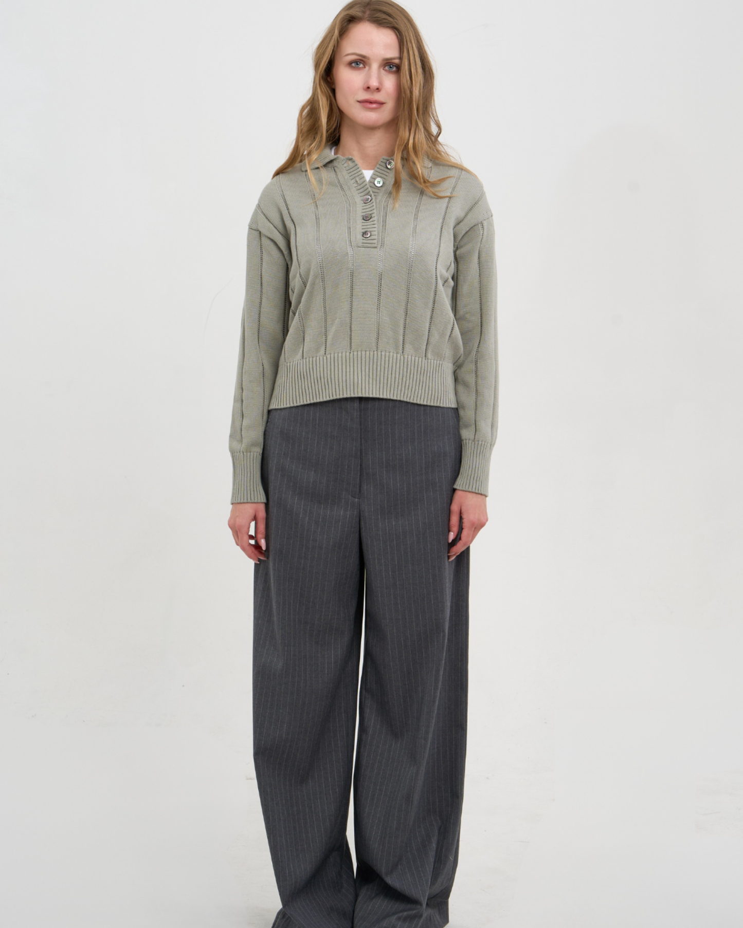 Ada Pointelle Polo Sweater by Phoebe Jon / Sea Foam