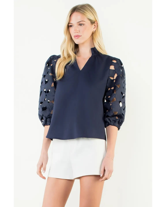 Navy Eyelet Sleeve Top by THML