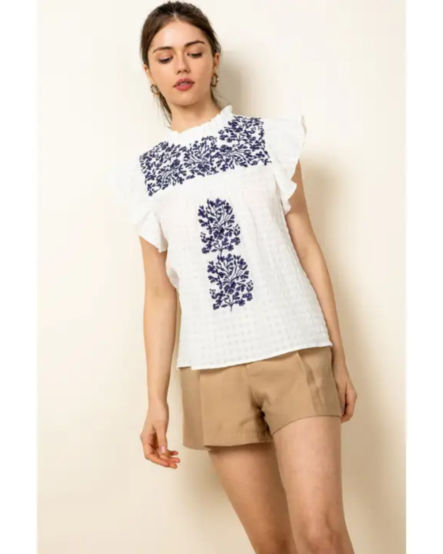 Embroidered Flutter Sleeve Top by THML