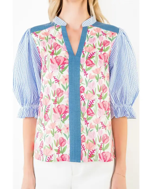 Puff Sleeve Mixed Media V-Neck Top by THML