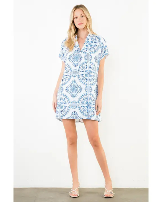 Short Sleeve Pattern Detail V-Neck Dress by THML