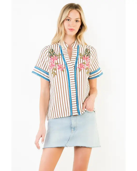 Short Sleeve Striped Floral Embroidery Top by THML