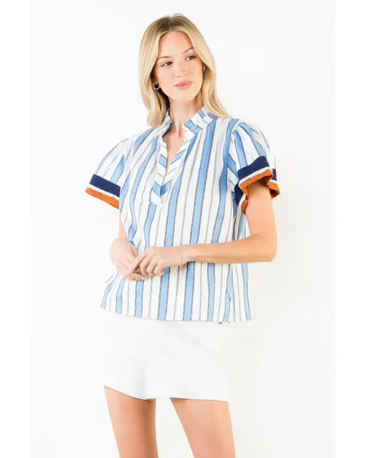 Short Sleeve stripes V-Neck Top by THML