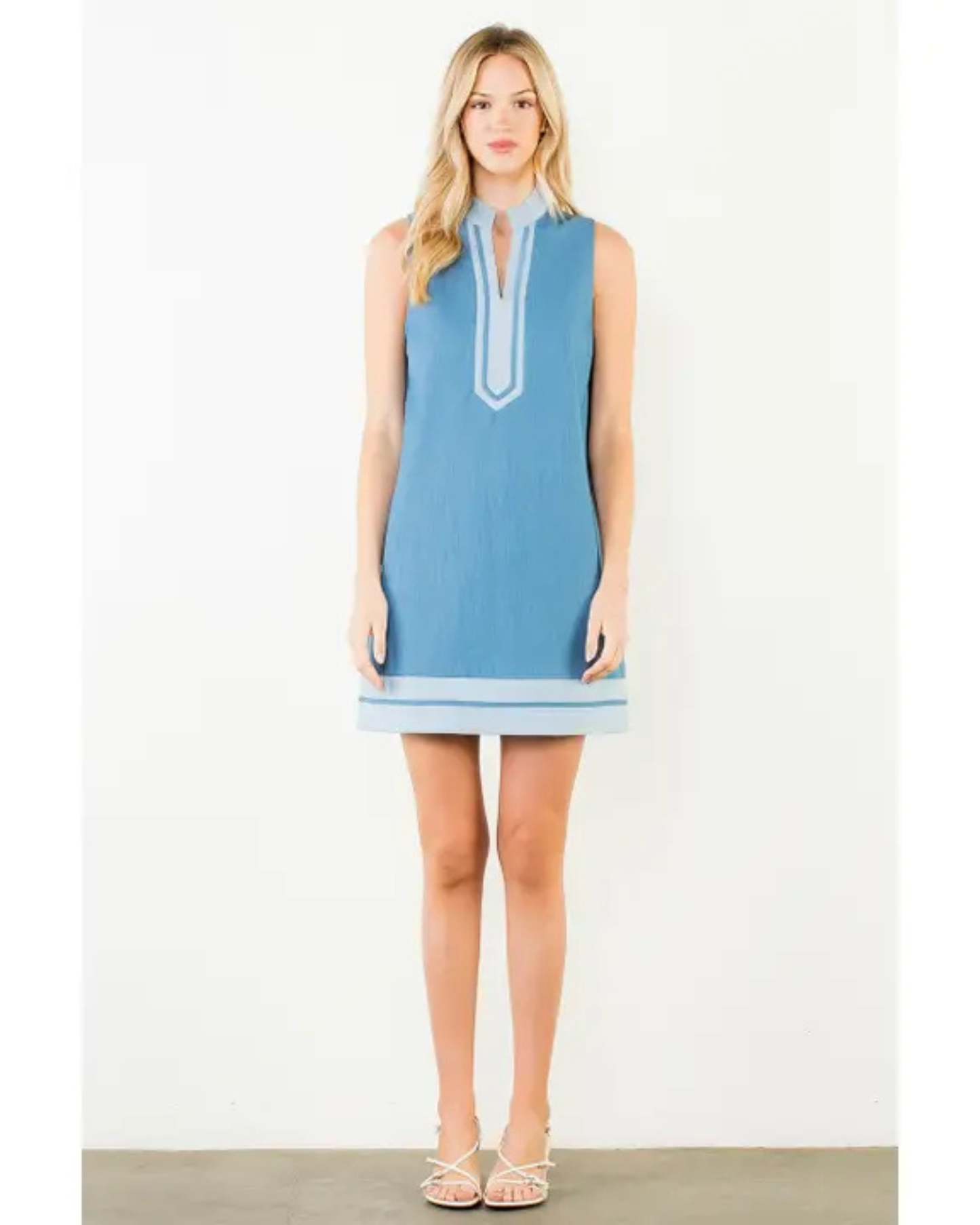 Split Neck Contrast Trim Denim Dress by THML