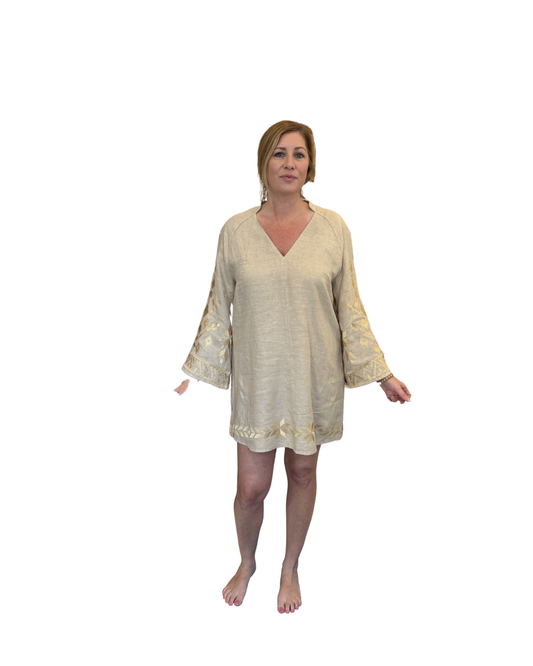 Bell Sleeve Mini Dress by Kori / Beige & Gold