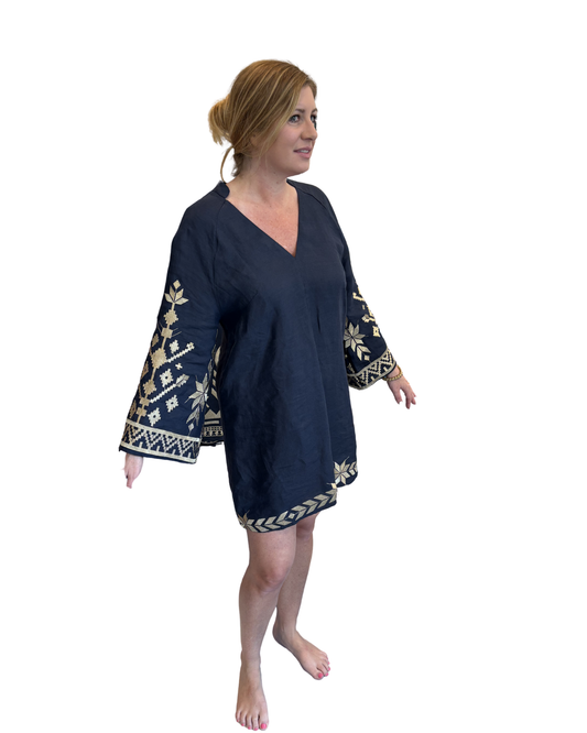 Bell Sleeve Mini Dress by Kori  / Navy & Gold